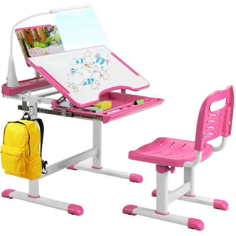 Image of COSTWAY Height Adjustable Study Table and Chair Set w/Book Stand & LED Light Pink