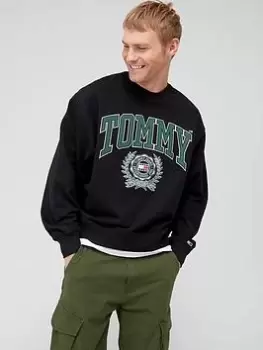 Image of Tommy Jeans Boxy College Graphic Crew Neck Sweatshirt - Black, Size S, Men