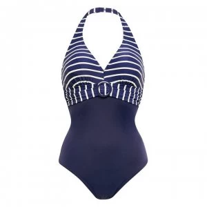 Image of Figleaves Tailor Stripe Underwired Halter Swimsuit - Navy/white