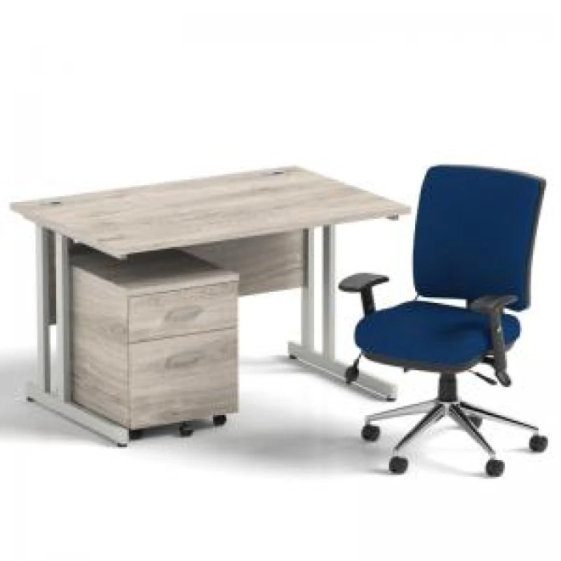 Image of Impulse Bundles Impulse 1200mm Straight Office Desk Grey Oak Top Silver Cantilever Leg with 2 Drawer Mobile Pedestal and Chiro Medium Back Blue IRDC1