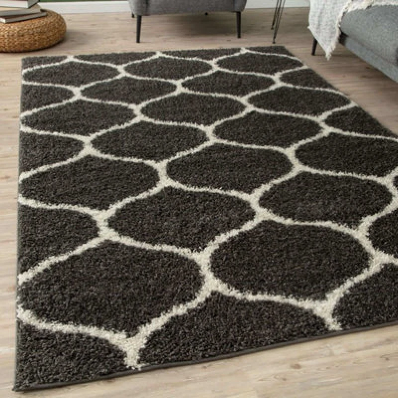 Image of THE RUGS Soft Trellis Shaggy Rugs & Runners Dark Grey Living Room Size: 140cm x 200cm Dark Grey Unisex 140cm x 200 cm