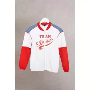 Image of I Saw It First Blue Girls Team Spirit Embroidered Heavyweight Fleeceback Varsity Jacket - Blue