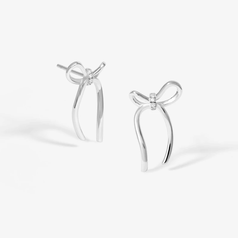 Image of Simply Silver Sterling Silver 925 Polished and Pave Bow Stud Earrings Silver