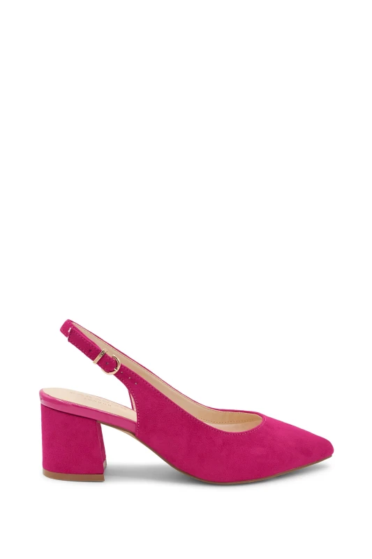 Image of Paradox London Wide Fit Shimmer 'Flynn' Mid Block Heel Sling Back Court Shoe Fuchsia