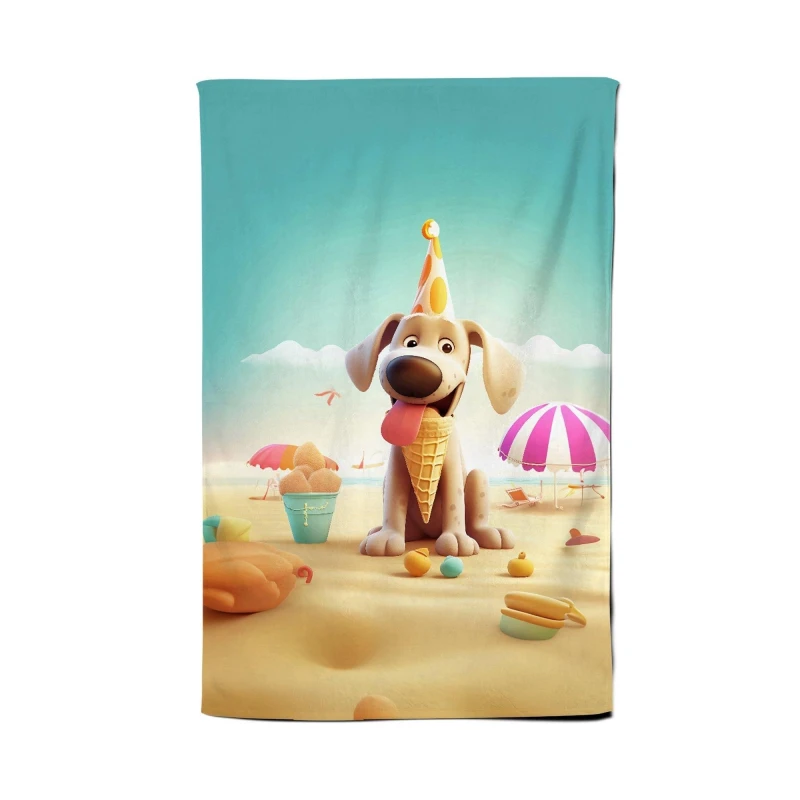 Image of Warren Reed - Designer Dog On A Beach Holiday Tea Towel in Yellow Yellow Unisex