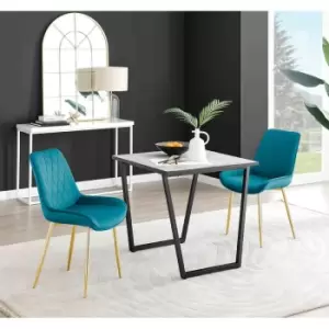 Image of Furniture Box Carson White Marble Effect Square Dining Table and 2 Blue Pesaro Gold Leg Chairs