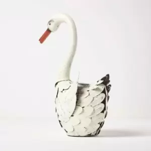 Image of Metal White Swan with Flower Pot, 41cm Tall - White - Homescapes