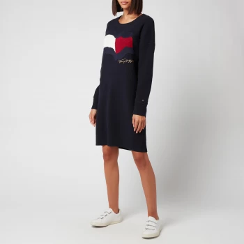 Image of Tommy Hilfiger Womens Motion Flag Crewneck Knee Dress LS - Desert Sky - L