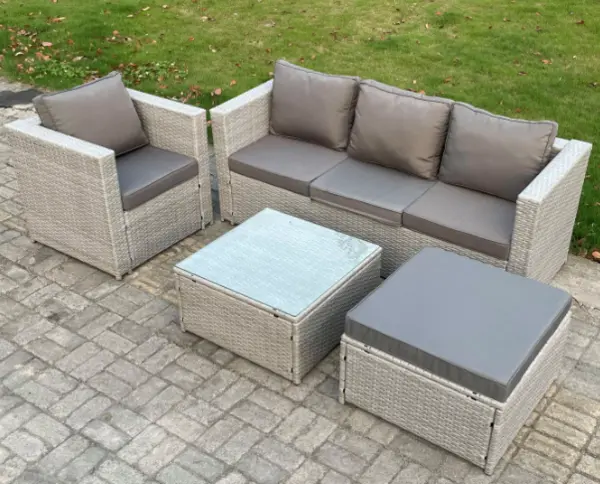 Image of Fimous 4 Seater Outdoor Light Grey Rattan Lounge Complete Sofa Set with Square Coffee Table and Big Footstool