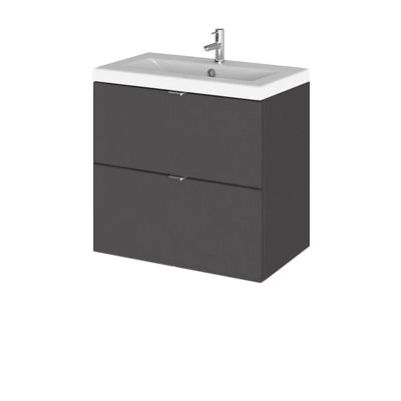 Image of Hudson Reed Fusion Wall Hung 2 Drawer Vanity Unit & Ceramic Basin, Stylish Sink Vanity Unit, Gloss Grey, 600mm