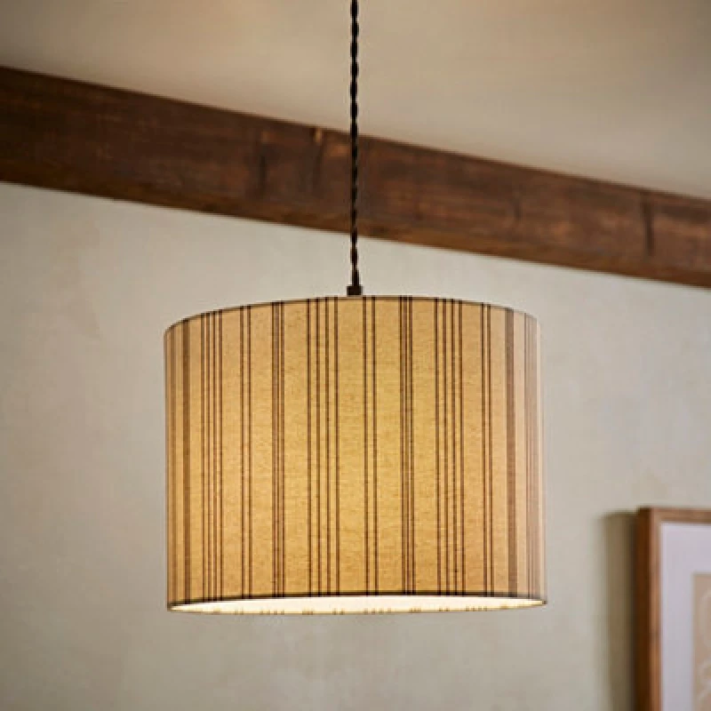 Image of ValueLights ValueLights Hallie Natural Linen Stripe Detail Drum Ceiling Pendant Lamp Shade with LED Bulb Size: Large Natural Large Unisex 5059406065