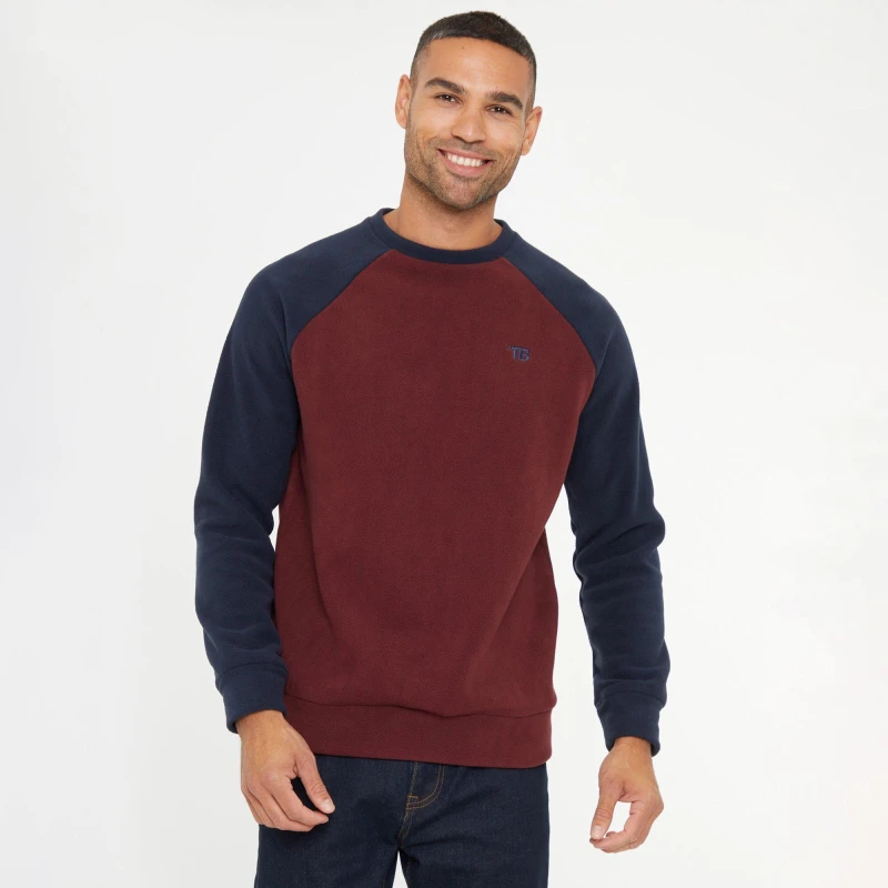 Image of Threadbare 'Linus' Raglan Sleeve Microfleece Crew Neck Sweatshirt Burgundy