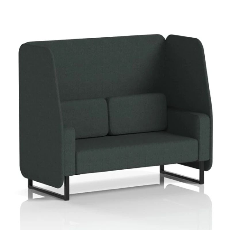 Image of Brixworth 2 Seater Open Office Booth with Black Legs in Rivet Fabric - Charcoal Panels and Sofa