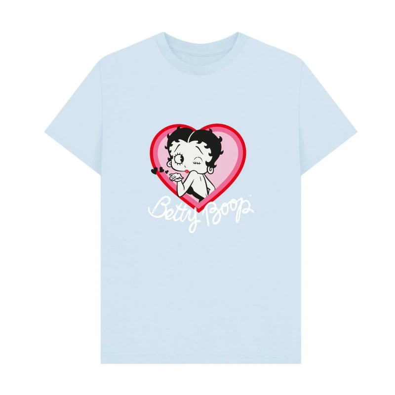 Image of Betty Boop Mens Blow A Kiss T-Shirt in Light Blue Size: Small Light Blue Male S