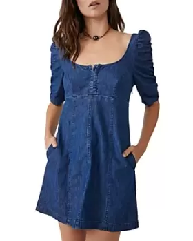 Image of Free People Cheyenne Denim Ruched Sleeve Mini Dress
