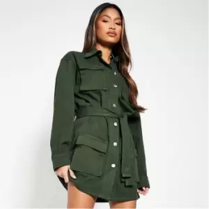 Image of I Saw It First Utility Pocketed Belted Denim Dress - Green