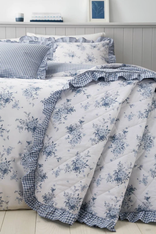 Image of Catherine Lansfield Lucie Floral Reversible 220cm x 230cm Bedspread Set Blue