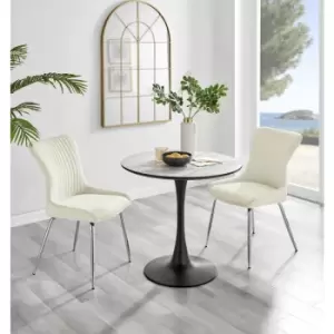 Image of Furniturebox UK - Furniturebox Elina White Marble Effect Modern 80cm Round Dining Table & 2 Cream Nora Silver Leg Velvet Chairs