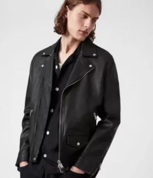 Image of AllSaints Mens Leather Slim Fit Milo Long Sleeve Biker Jacket, Black, Size: L