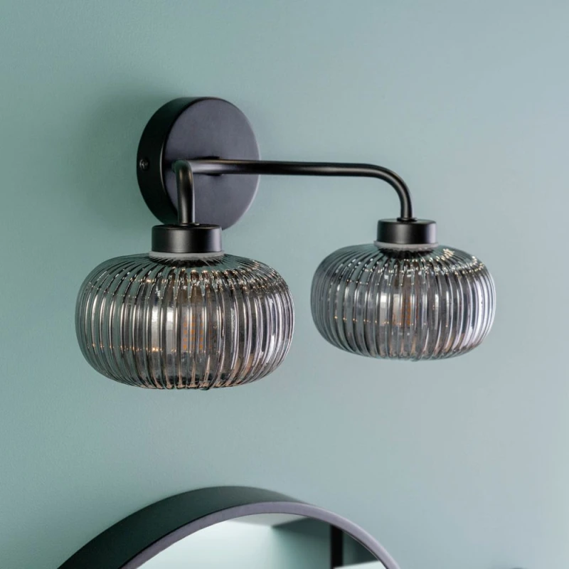 Image of ValueLights Amaia Pair Matte Black IP44 Rated 2 Way Smoked Glass Wall Lights with LED Bulbs Black
