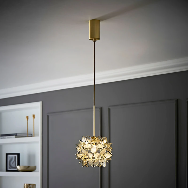 Image of ValueLights Reine Glass Flower Shade Brushed Gold Thread Ceiling Pendant Light in Clear Clear Unisex