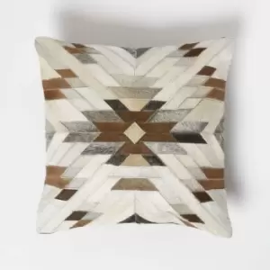 Image of Geometric Star Brown & Cream Leather Cushion 45 x 45cm - Cream & Brown - Homescapes