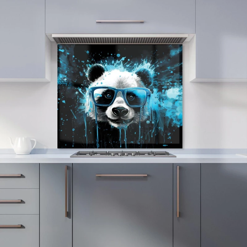 Image of Warren Reed - Designer Blue Splashart Panda Face Kitchen Splashback Size: 900mm x 650mm Blue Unisex 900mm x 650mm