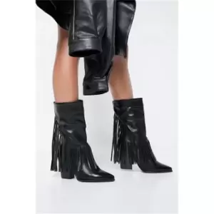 Image of I Saw It First Black Fringe Detail Heeled Western Ankle Boot - Black