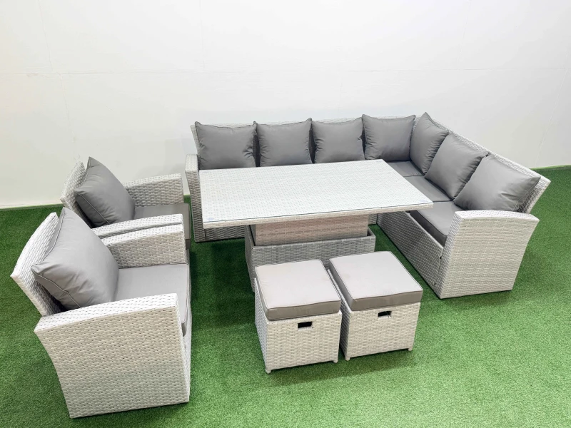 Image of Fimous 10 Seat Rattan Garden Furniture Corner Sofa Set with 2 Small Stools in Light Grey Light Grey Unisex