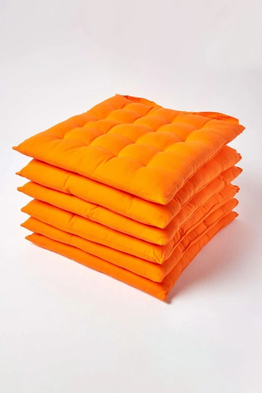 Image of Homescapes Plain Seat Pad with Button Straps, 40 x 40cm, Set of 6 Orange