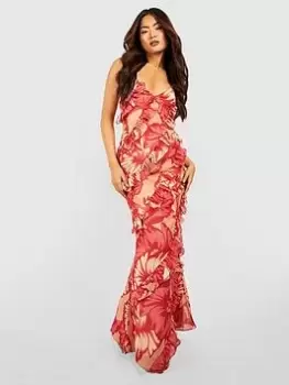 Image of Boohoo Floral Ruffle Maxi Dress - Pink, Size 10, Women