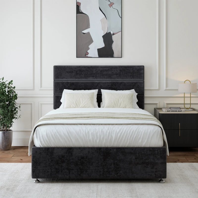 Image of Bedmaster Bedmaster Luxury Velvet 4 Drawer Divan Base And Lined Headboard in Black Size: Double Black Double Unisex 7867867970579