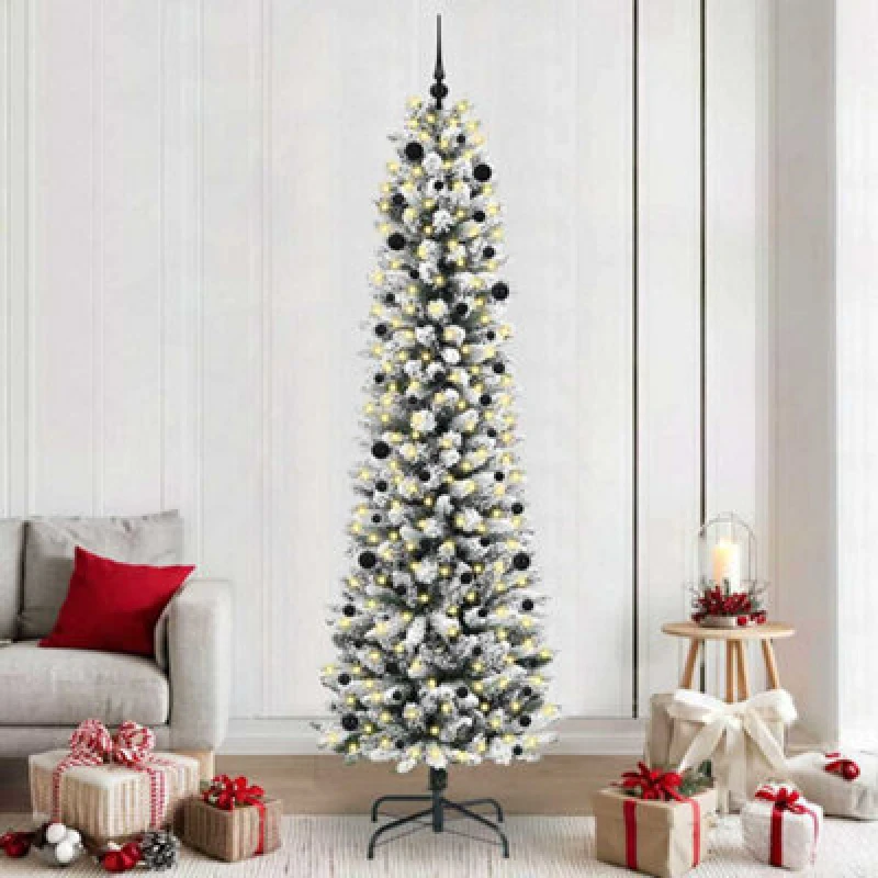 Image of vidaXL Artificial Christmas Tree with 300 LEDs, Black Balls Green and white 240 cm, Green 3396130