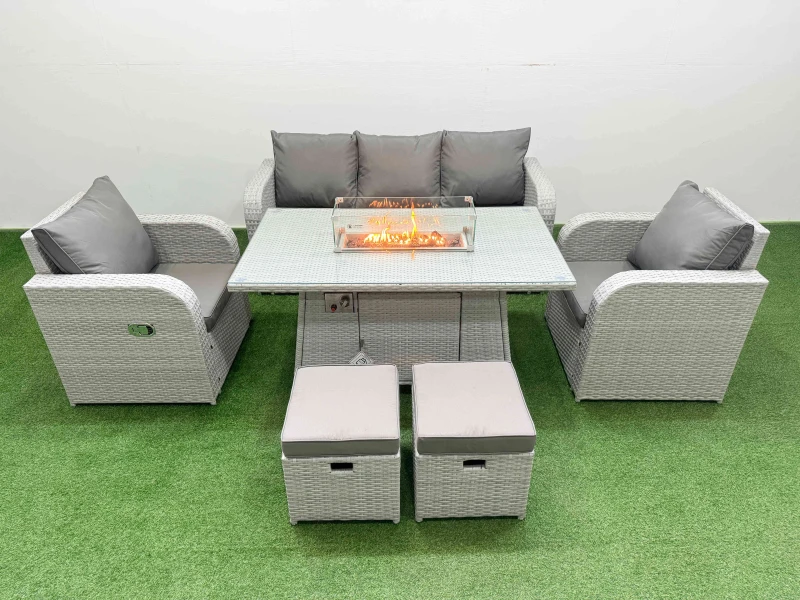 Image of Fimous PE Rattan Garden Furniture Set Reclining Chair Sofa Lounge Sofa Set Firepit Dining Table 2 Small Stools Light Grey Light Grey