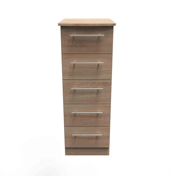 Image of Welcome Furniture Ready Assembled Sherwood 5 Drawer Tallboy In Bardolino Oak SHE003BO