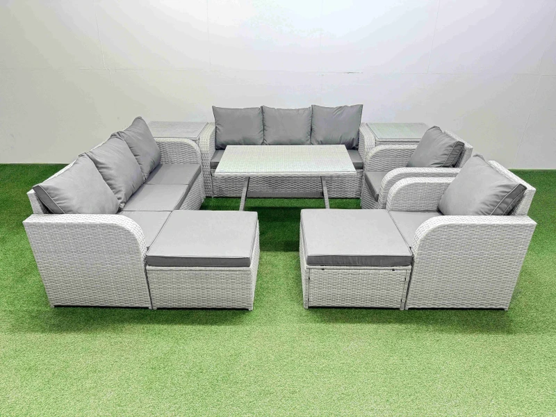 Image of Fimous Rattan High Back Lounge Sofa Set with Reclining Chairs 2 Big Stools in Light Grey Light Grey Unisex