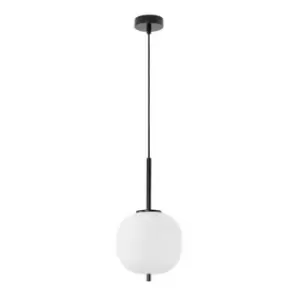 Image of Merano Kenora 18.5cm Globe Pendant Ceiling Light Black Metal, Opal Glass LED E14