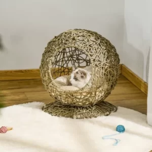 Image of PawHut Wicker Cat Bed Elevated Rattan Kitten Basket Pet Den. House Cozy Cave with Soft Cushion Φ48 x 52cm Brown