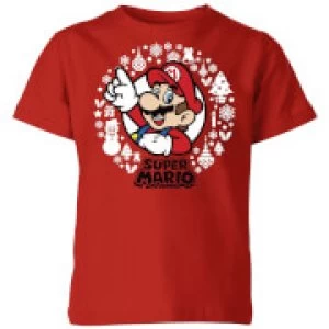 Image of Nintendo Super Mario White Wreath Kid's Christmas T-Shirt - Red - 3-4 Years