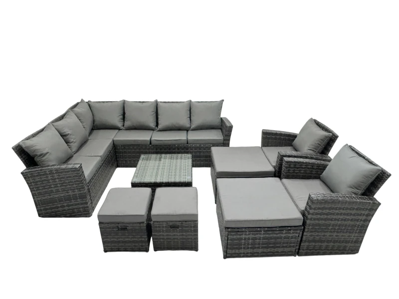 Image of Fimous 12 Seat Poly Rattan Corner Sofa Set with 4 Stool 2 Chairs in Dark Grey Dark Grey Unisex