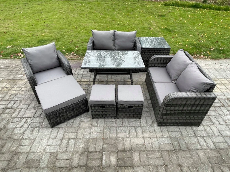 Image of Fimous 8 Seater Outdoor Garden Dining Sets Rattan Furniture With Dining Table Armchairs Love Sofa 3 Footstools Side Table Dark Grey Mixed Dark Grey