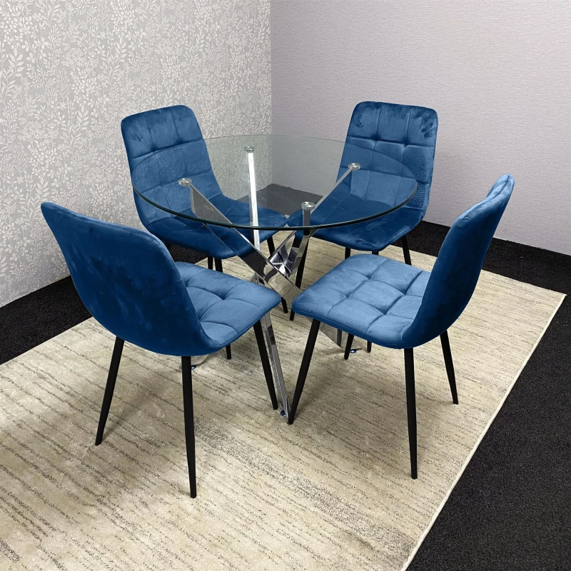 Image of KOSY KOALA KOSY KOALA Dining Table and 4 Chairs Round Glass Table 4 Blue Velvet Chairs Dining Set in Clear Clear One Size Unisex 5061055341567