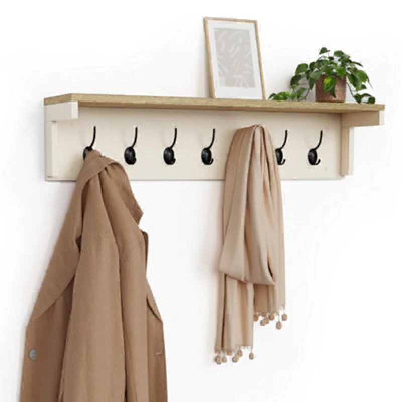 Image of Vonhaus Coat Hooks Wall Mounted, Cream Coat Rack With Shelf & 7 Strong Double Hooks, Hallway Organiser With Melamine Wood Effect