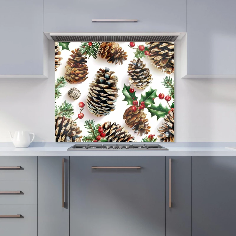 Image of Warren Reed - Designer Holiday Pine Cones & Berries Kitchen Splashback Size: 700mm x 650mm Multicolor Unisex 700mm x 650mm
