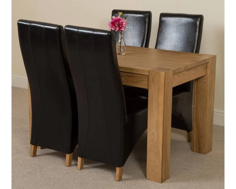 Image of Thats Furniture Kuba 125 x 80cm Chunky Oak Small Dining Table & 4 Lola Leather Chairs in Black Unisex 125 x 80 cm