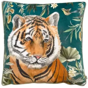 Image of Orient Tiger Head Cushion Teal, Teal / 50 x 50cm / Polyester Filled