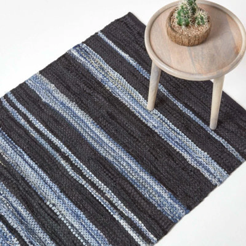 Image of Homescapes Texas Leather & Denim Woven Striped Blue Rug, 90 X 150 Cm