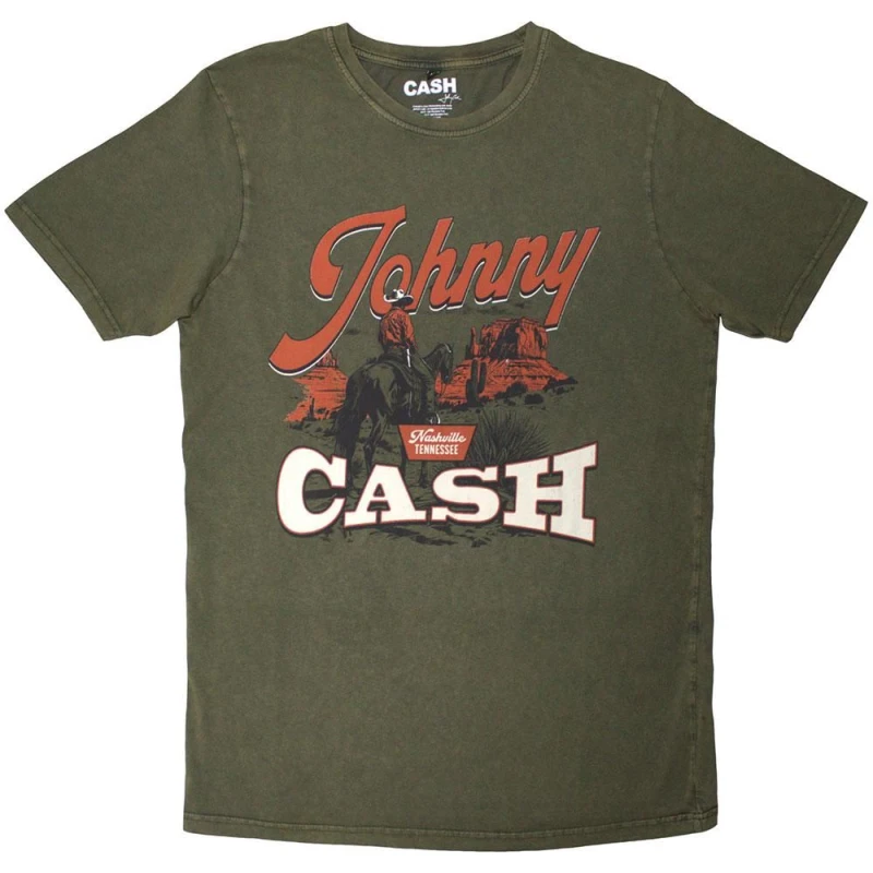 Image of Johnny Cash Johnny Cash Men Desert Cowboy Stone Wash T-Shirt in Green Size: Medium Green M Male 5063750840079