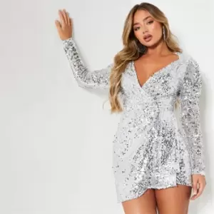 Image of I Saw It First Sequin Long Sleeve Knot Detail Bodycon Dress - Metallics