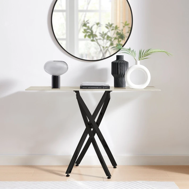 Image of FurnitureboxUK FurnitureboxUK Leonardo Rectangular Marble Effect Glass Top Console Table With Black Metal Starburst Legs in White White One Size Unise